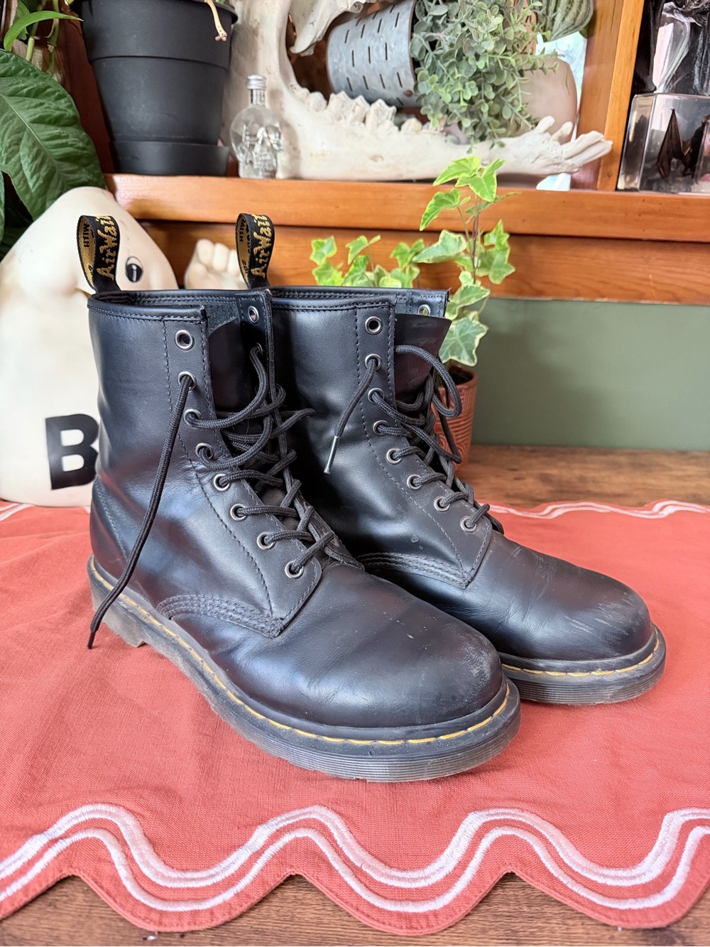 Dr. Martens Black Leather Lace-Up 8-Eye Boots with Yellow Stitching